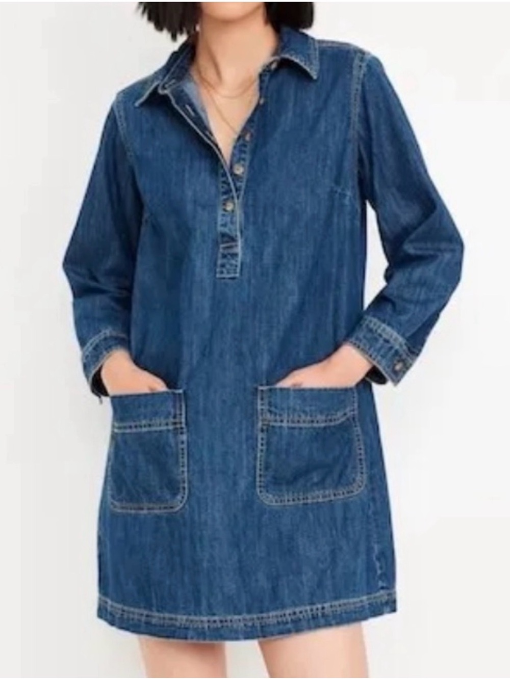 Old Navy Denim Jean Shirt Dress Patch Pockets Button Plus Long Sleeve Blue XXL